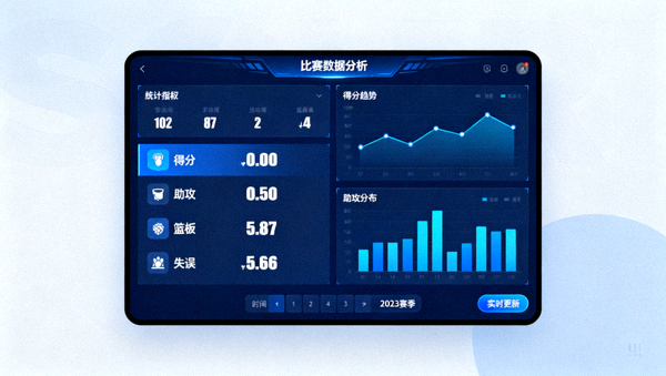 体育数据分析界面，展示比赛统计指标与趋势图表的屏幕画面