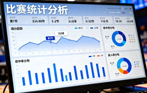 体育数据分析屏幕，展示比赛统计图表与数据指标